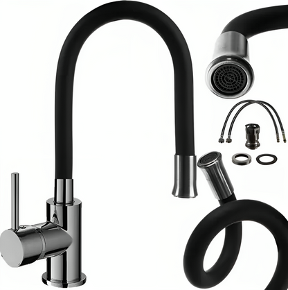 Baterie Rotativa Flexibila 360 idealSTORE, Material Silicon, Otel inoxidabil, Inaltime Reglabila, Aerotor Desurubat, Rezistent la Decolorare si Deteriorare, Previne Depuneri de Calcar, Economiseste 80% din Apa