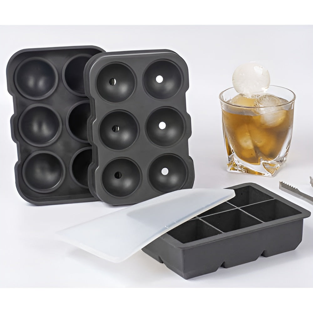 Forme de Silicon Hot Summer IdealStore, Reutilizabil, Pentru 6 Sfere cu Diametru 4 cm si 6 Cuburi 4,8 x 4,8 x 4,8 cm, Capac Inclus, Perfecte Pentru Coktailuri, Culoare Negru