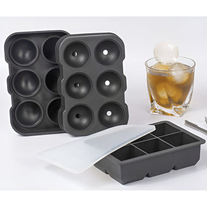Forme de Silicon Hot Summer IdealStore, Reutilizabil, Pentru 6 Sfere cu Diametru 4 cm si 6 Cuburi 4,8 x 4,8 x 4,8 cm, Capac Inclus, Perfecte Pentru Coktailuri, Culoare Negru
