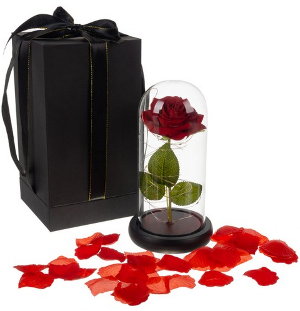 Trandafir Rosu Criogenat idealSTORE in Cupola de Sticla, Dimensiuni 22 x 11 cm, Iluminat LED, Include 100 de petale de trandafir, Cutie de Cadou, Funda, Pe blat Negru, Ideal pentru Evenimente Speciale