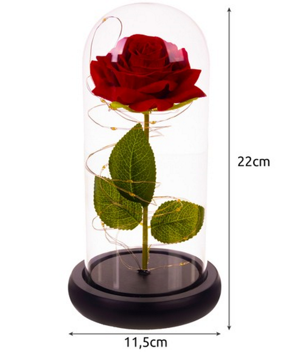 Trandafir Rosu Criogenat idealSTORE in Cupola de Sticla, Dimensiuni 22 x 11 cm, Iluminat LED, Include 100 de petale de trandafir, Cutie de Cadou, Funda, Pe blat Negru, Ideal pentru Evenimente Speciale
