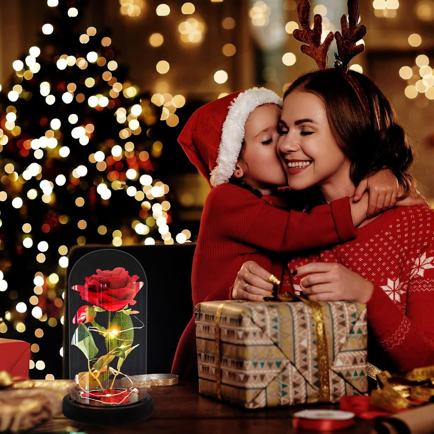 Trandafir Rosu Criogenat idealSTORE in Cupola de Sticla, Dimensiuni 22 x 11 cm, Iluminat LED, Include 100 de petale de trandafir, Cutie de Cadou, Funda, Pe blat Negru, Ideal pentru Evenimente Speciale