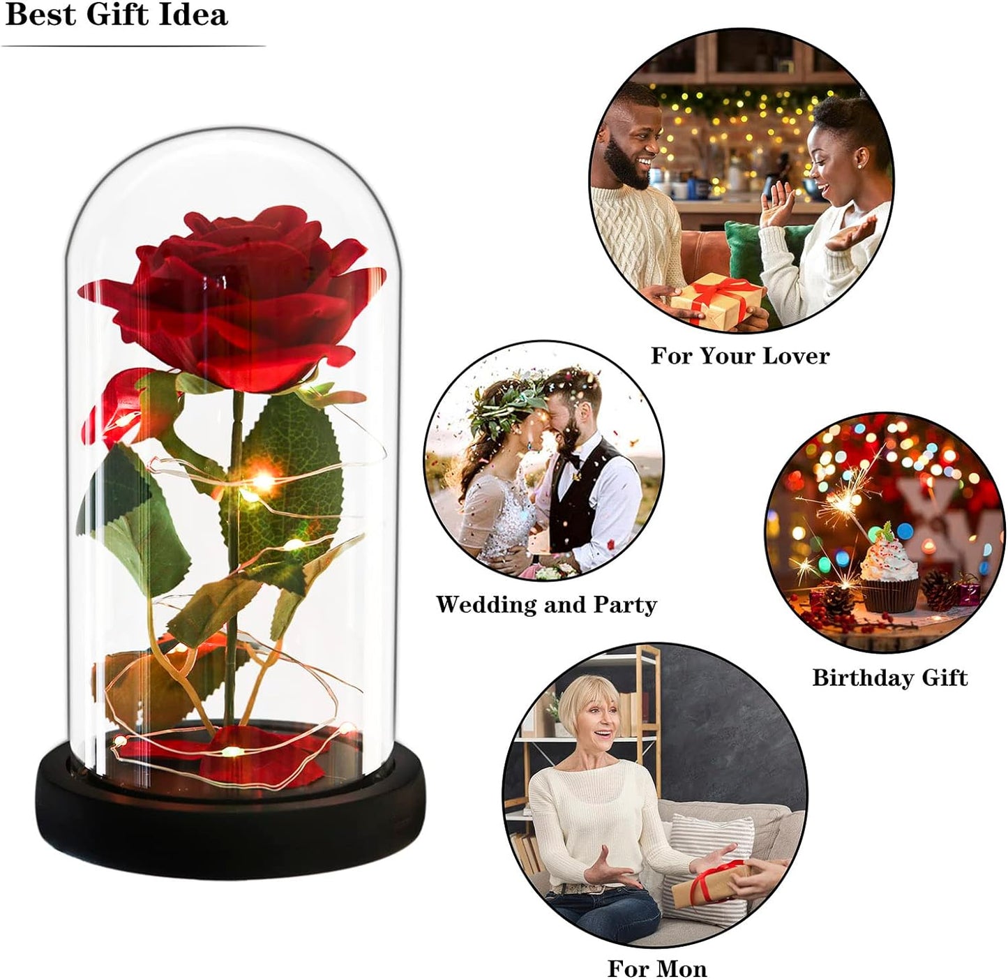 Trandafir Rosu Criogenat idealSTORE in Cupola de Sticla, Dimensiuni 22 x 11 cm, Iluminat LED, Include 100 de petale de trandafir, Cutie de Cadou, Funda, Pe blat Negru, Ideal pentru Evenimente Speciale