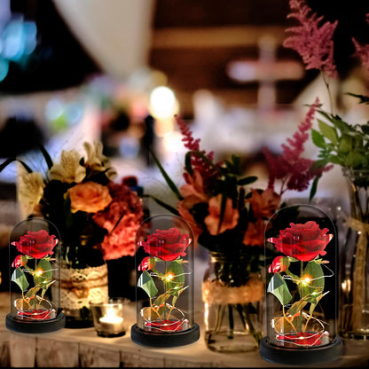 Trandafir Rosu Criogenat idealSTORE in Cupola de Sticla, Dimensiuni 22 x 11 cm, Iluminat LED, Include 100 de petale de trandafir, Cutie de Cadou, Funda, Pe blat Negru, Ideal pentru Evenimente Speciale