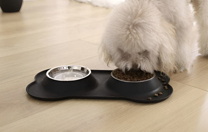 Bol Dublu Pentru Patrupede IdealStore, Metal + Silicon, Capacitate 2 x 350ml, Baza anti-derapanta, Dimensiune: 46 x 25 x 4,5 cm, Negru-Gri