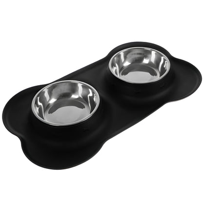 Bol Dublu Pentru Patrupede IdealStore, Metal + Silicon, Capacitate 2 x 350ml, Baza anti-derapanta, Dimensiune: 46 x 25 x 4,5 cm, Negru-Gri