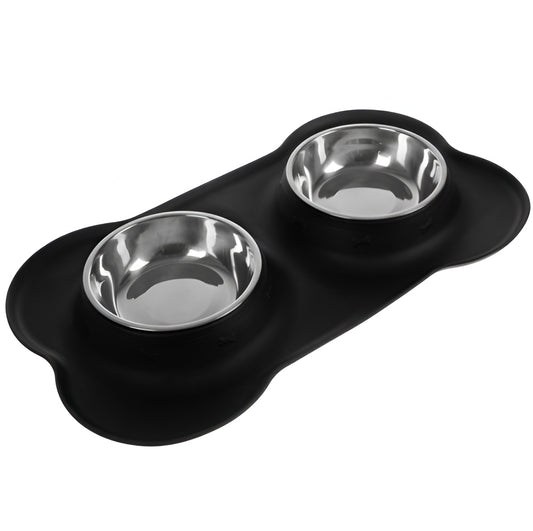 Bol Dublu Pentru Patrupede IdealStore, Metal + Silicon, Capacitate 2 x 350ml, Baza anti-derapanta, Dimensiune: 46 x 25 x 4,5 cm, Negru-Gri