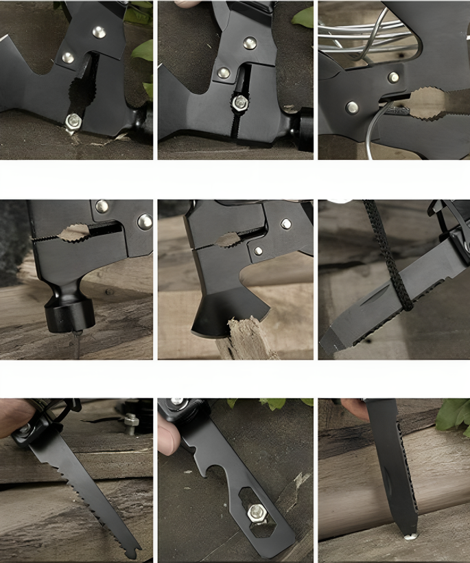 Unelta Profesionala Multifunctionala idealSTORE, Include 17 instrumente diferite, Topor, Cleste, Ciocan, Cutit, Surubelnita, Deschizator de Sticle, Ferastrau, Racleta pentru Peste, Husa de Protectie, Carlig pentru atasare la Curea sau Rucsac