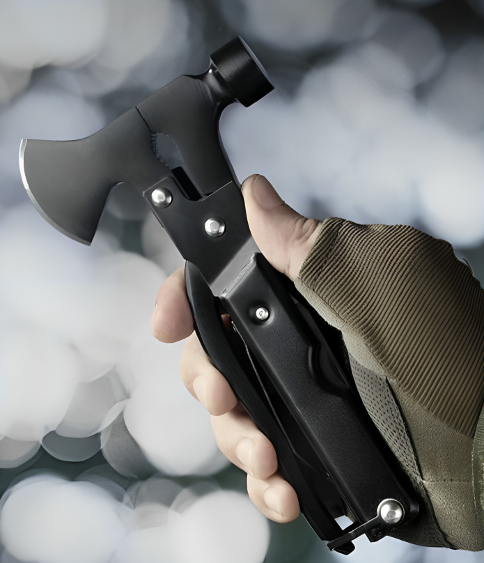 Unelta Profesionala Multifunctionala idealSTORE, Include 17 instrumente diferite, Topor, Cleste, Ciocan, Cutit, Surubelnita, Deschizator de Sticle, Ferastrau, Racleta pentru Peste, Husa de Protectie, Carlig pentru atasare la Curea sau Rucsac