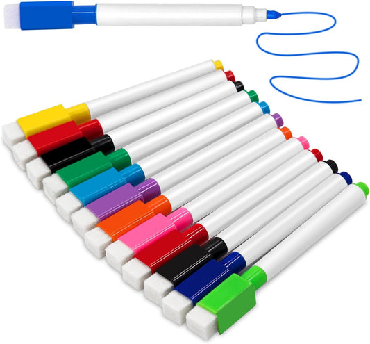 Set 12 Markere idealSTORE cu Stergere Uscata cu Magnet, Dimensiuni 11,5 x 1,2 cm, Miros Redus, NON-TOXIC, Include 6 culori, Albastru, Galben, Rosu, Negru, Roz si Verde, Utilizati pe diverse suprafete, Sticla, Ceramica, Metal sau Plastic