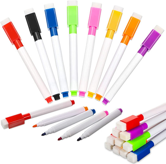 Set 12 Markere idealSTORE cu Stergere Uscata cu Magnet, Dimensiuni 11,5 x 1,2 cm, Miros Redus, NON-TOXIC, Include 6 culori, Albastru, Galben, Rosu, Negru, Roz si Verde, Utilizati pe diverse suprafete, Sticla, Ceramica, Metal sau Plastic