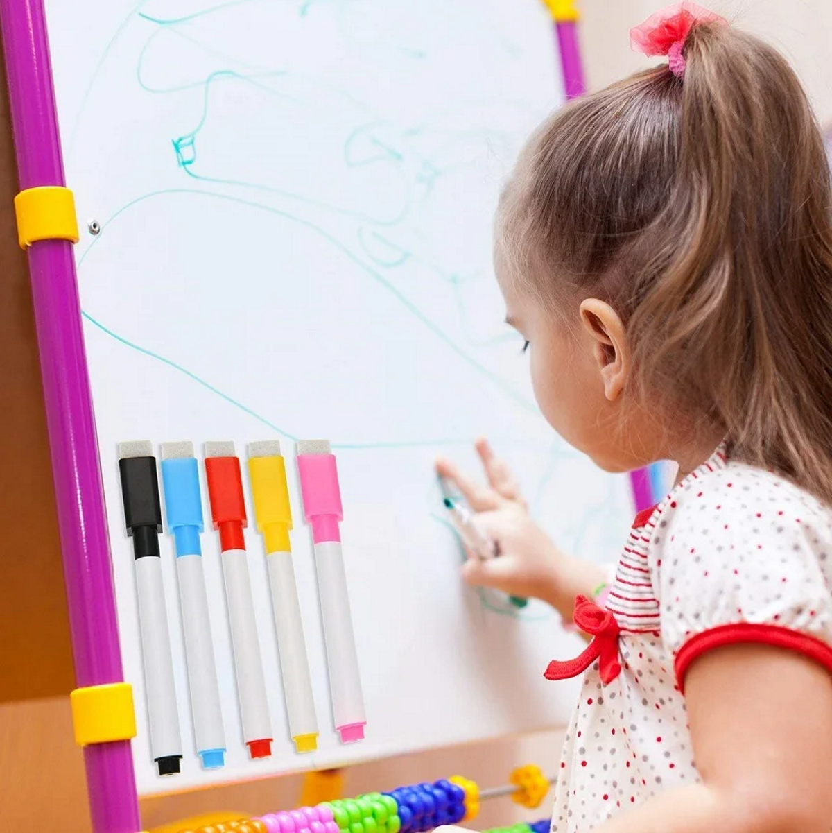 Set 12 Markere idealSTORE cu Stergere Uscata cu Magnet, Dimensiuni 11,5 x 1,2 cm, Miros Redus, NON-TOXIC, Include 6 culori, Albastru, Galben, Rosu, Negru, Roz si Verde, Utilizati pe diverse suprafete, Sticla, Ceramica, Metal sau Plastic