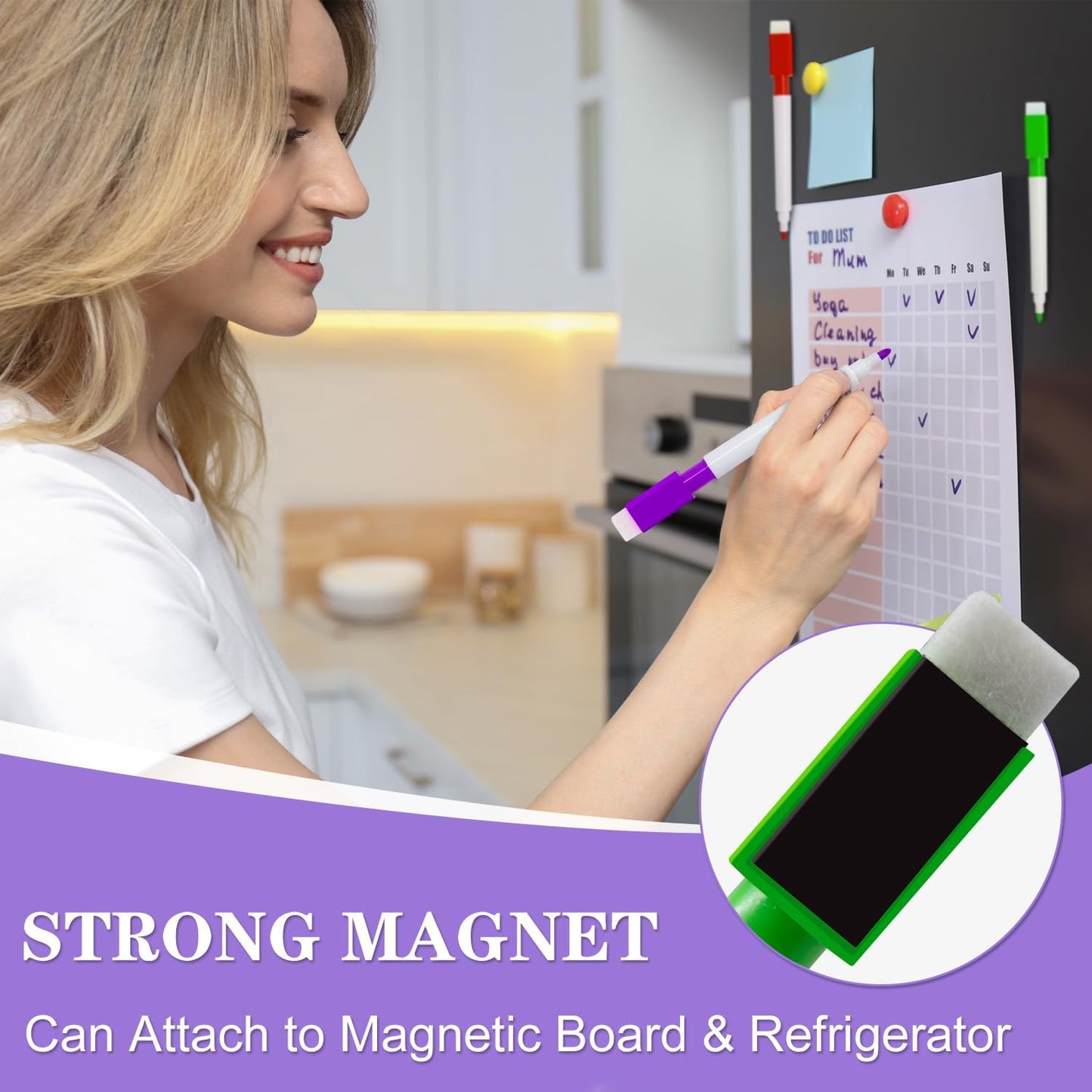 Set 12 Markere idealSTORE cu Stergere Uscata cu Magnet, Dimensiuni 11,5 x 1,2 cm, Miros Redus, NON-TOXIC, Include 6 culori, Albastru, Galben, Rosu, Negru, Roz si Verde, Utilizati pe diverse suprafete, Sticla, Ceramica, Metal sau Plastic