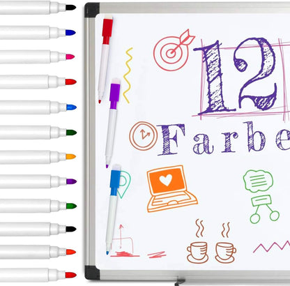 Set 12 Markere idealSTORE cu Stergere Uscata cu Magnet, Dimensiuni 11,5 x 1,2 cm, Miros Redus, NON-TOXIC, Include 6 culori, Albastru, Galben, Rosu, Negru, Roz si Verde, Utilizati pe diverse suprafete, Sticla, Ceramica, Metal sau Plastic