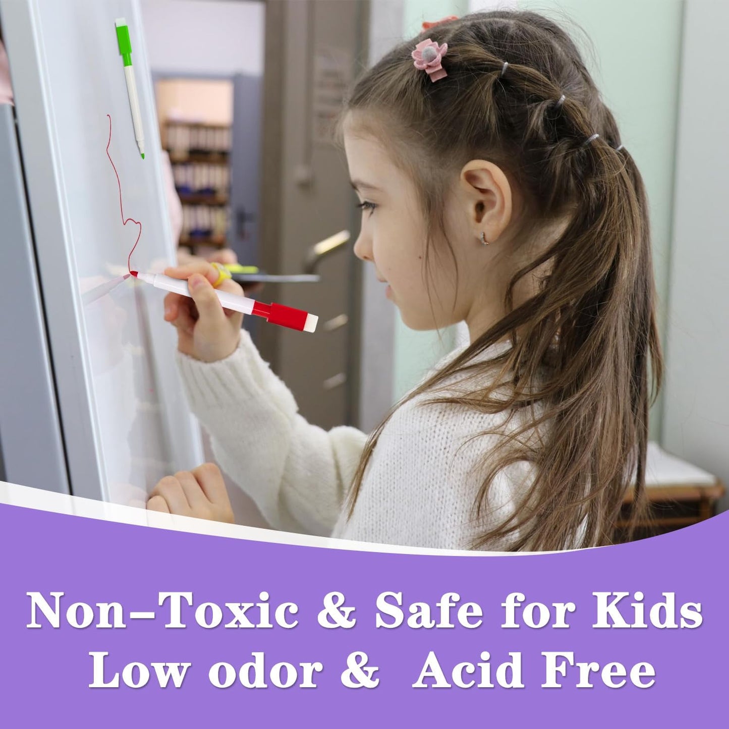 Set 12 Markere idealSTORE cu Stergere Uscata cu Magnet, Dimensiuni 11,5 x 1,2 cm, Miros Redus, NON-TOXIC, Include 6 culori, Albastru, Galben, Rosu, Negru, Roz si Verde, Utilizati pe diverse suprafete, Sticla, Ceramica, Metal sau Plastic