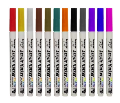 Set 12 Markere Acrilice idealSTORE, Dimesiuni 13, 5 x 1 cm, NON-TOXIC, Fara Miros, Uscare Rapida, Varf de Nylon, Extrafin de 0, 7 mm, Include 12 culori, Utilizati pe diverse suprafete, Roci, Metal, Ceramica, Lemn, Plastic, Panza, Tesatura, Hartie, Argila
