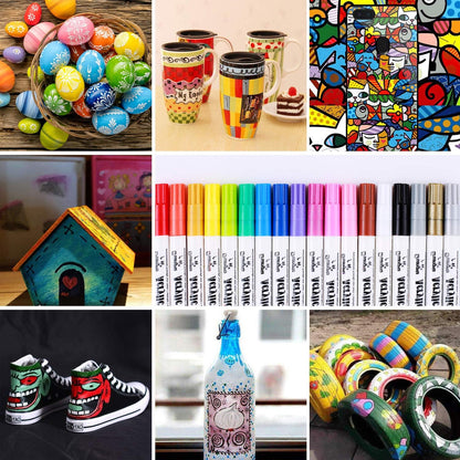 Set 12 Markere Acrilice idealSTORE, Dimesiuni 13, 5 x 1 cm, NON-TOXIC, Fara Miros, Uscare Rapida, Varf de Nylon, Extrafin de 0, 7 mm, Include 12 culori, Utilizati pe diverse suprafete, Roci, Metal, Ceramica, Lemn, Plastic, Panza, Tesatura, Hartie, Argila