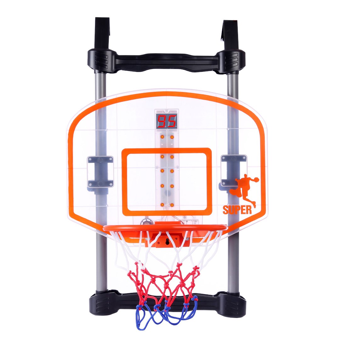 Cos de Baschet idealSTORE, Super Basketball Dimensiuni 65 x 43 x 32 cm, Include o tabla de marcaj cu numarul loviturilor, O minge, Carlige pentru atasarea cosului, si o pompa cu ac, Ajuta la rabdarea si precizia copilului
