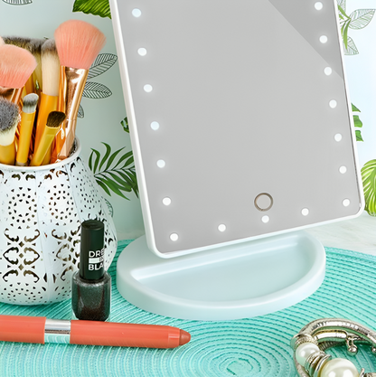 Oglinda Cosmetica idealSTORE cu Iluminare LED, include 22 de Led-uri Puternice, Functie pentru Reglarea Intensitatii luminii, Reglarea inclinarii Oglinzii pana la 180, Alimentare pe baterii sau la Retea, Baza Stabila