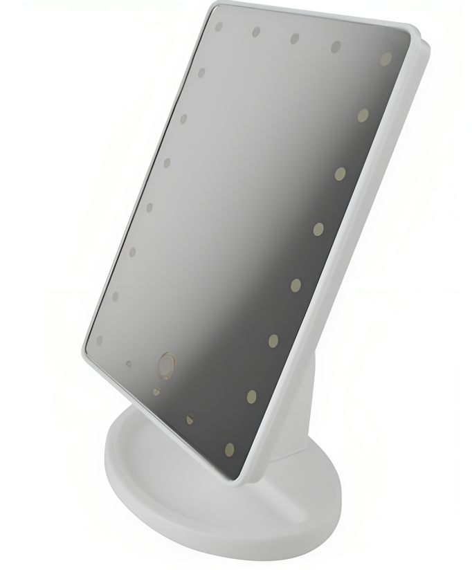 Oglinda Cosmetica idealSTORE cu Iluminare LED, include 22 de Led-uri Puternice, Functie pentru Reglarea Intensitatii luminii, Reglarea inclinarii Oglinzii pana la 180, Alimentare pe baterii sau la Retea, Baza Stabila