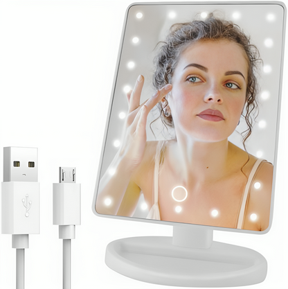 Oglinda Cosmetica idealSTORE cu Iluminare LED, include 22 de Led-uri Puternice, Functie pentru Reglarea Intensitatii luminii, Reglarea inclinarii Oglinzii pana la 180, Alimentare pe baterii sau la Retea, Baza Stabila
