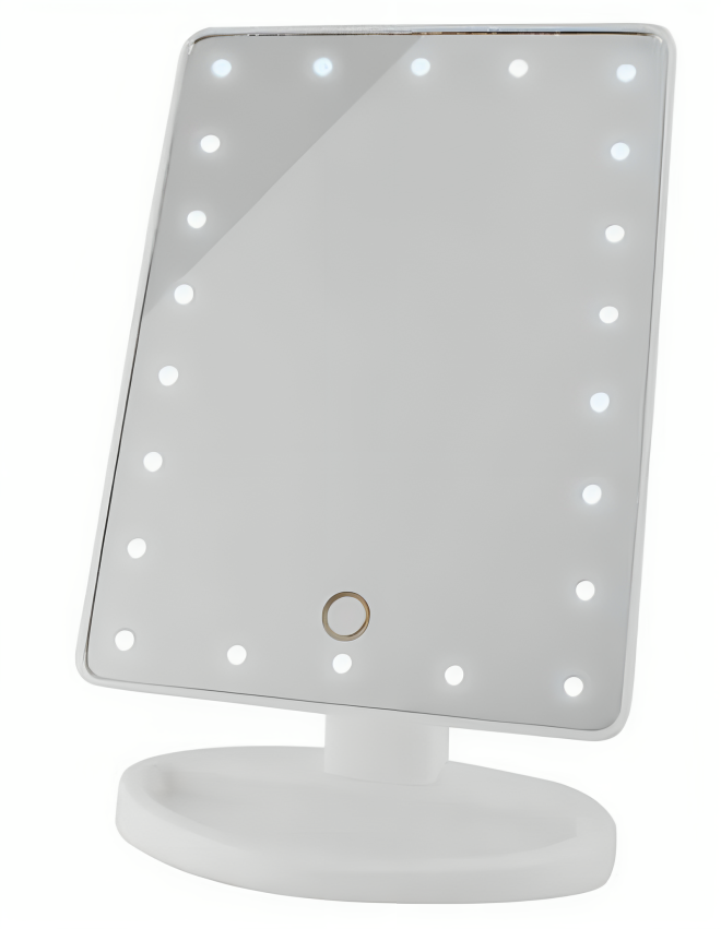 Oglinda Cosmetica idealSTORE cu Iluminare LED, include 22 de Led-uri Puternice, Functie pentru Reglarea Intensitatii luminii, Reglarea inclinarii Oglinzii pana la 180, Alimentare pe baterii sau la Retea, Baza Stabila