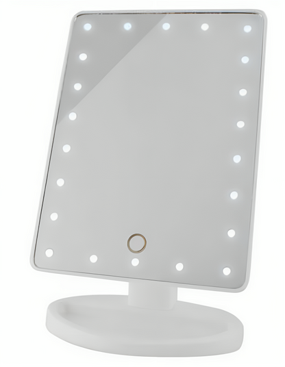 Oglinda Cosmetica idealSTORE cu Iluminare LED, include 22 de Led-uri Puternice, Functie pentru Reglarea Intensitatii luminii, Reglarea inclinarii Oglinzii pana la 180, Alimentare pe baterii sau la Retea, Baza Stabila