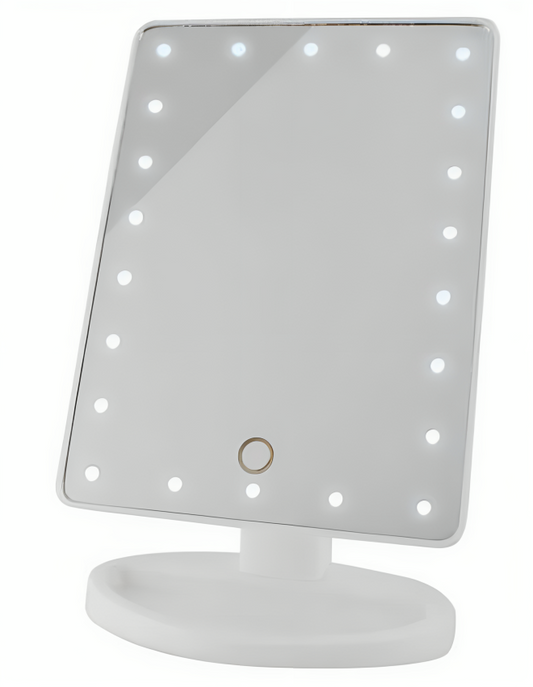 Oglinda Cosmetica idealSTORE cu Iluminare LED, include 22 de Led-uri Puternice, Functie pentru Reglarea Intensitatii luminii, Reglarea inclinarii Oglinzii pana la 180, Alimentare pe baterii sau la Retea, Baza Stabila