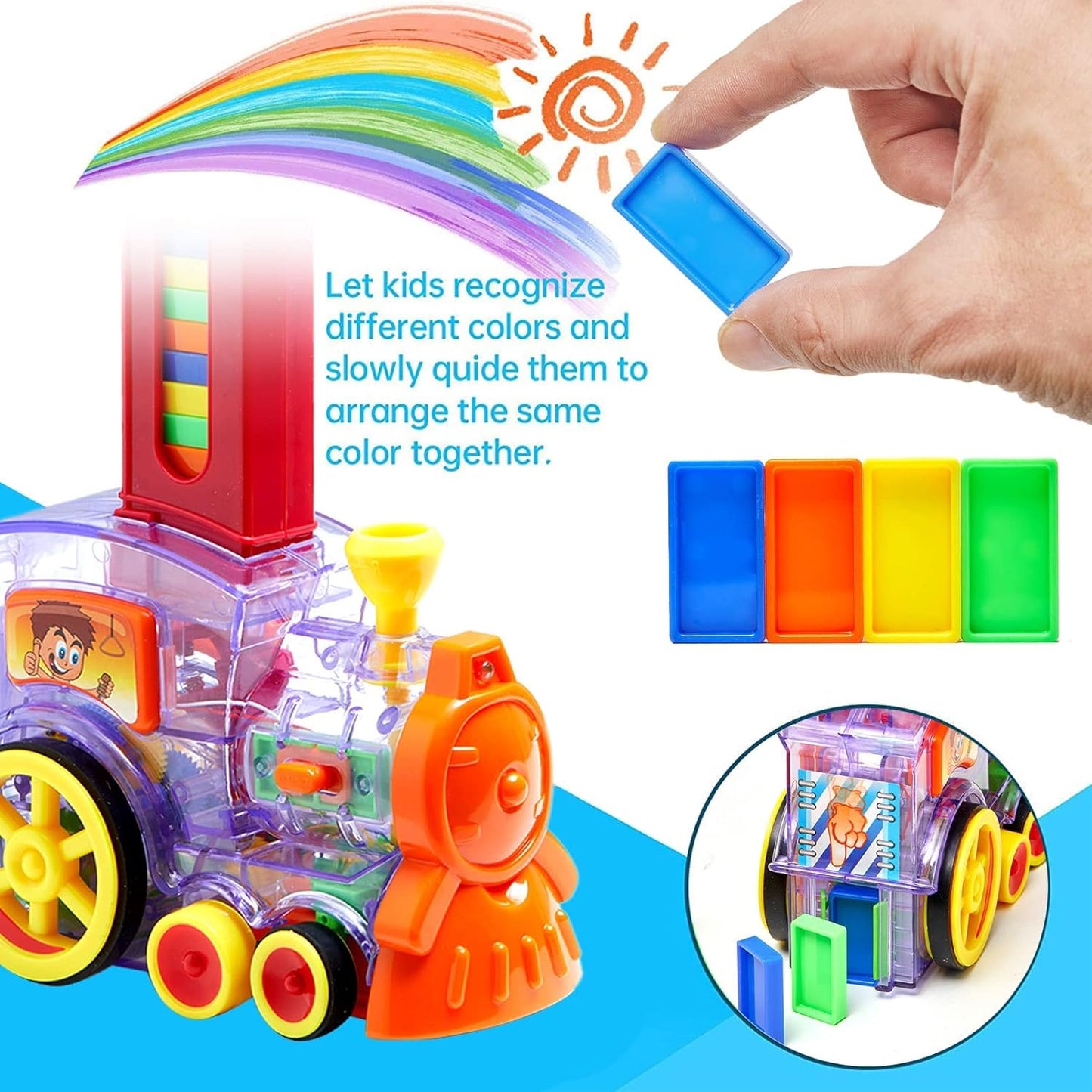 Trenulet Electic Domino idealSTORE, Include o Locomotiva electrica transparenta, Cactus, 60 de Blocuri Domino colorate, Accesorizata cu sunete si lumini, Ajuta la dezvoltatea coordonarii mana-ochi, Abilitatilor motorii fine