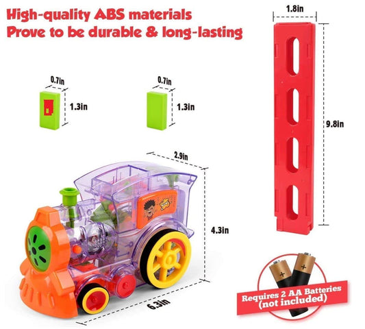 Trenulet Electic Domino idealSTORE, Include o Locomotiva electrica transparenta, Cactus, 60 de Blocuri Domino colorate, Accesorizata cu sunete si lumini, Ajuta la dezvoltatea coordonarii mana-ochi, Abilitatilor motorii fine