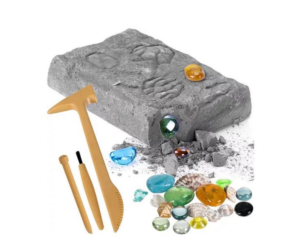 Set Arheologic idealSTORE de Sapaturi pentru Copii, Dimensiuni 16,5 x 12 x 3,2 cm, Include Roca de gips, Dalta, Ciocan, Perie de curatat, Pietre, Diamante, Dezvolta imaginatia si Precizia