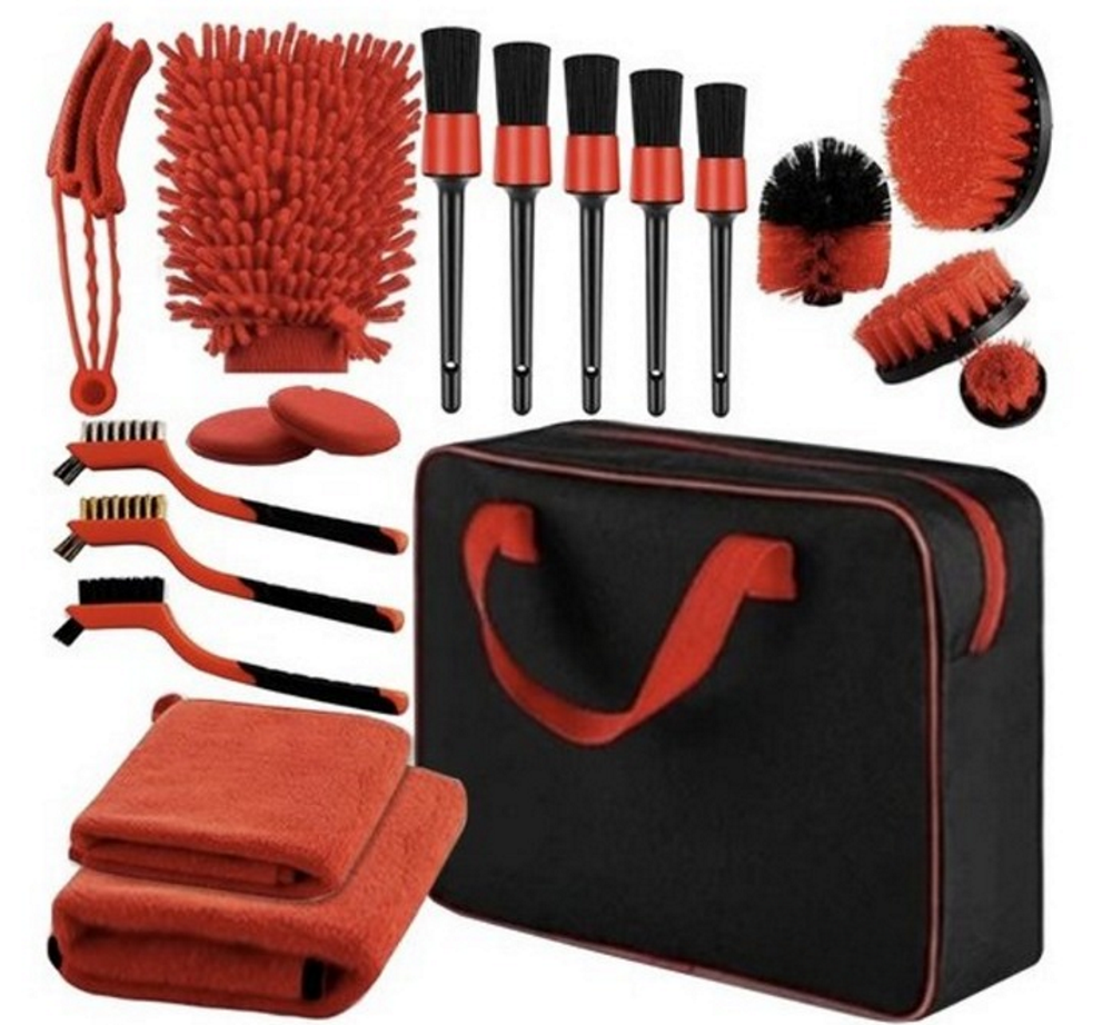Set 18 Piese Detailing Auto idealSTORE, Elemente de Caroserie, Bord, Jante, Include 5 Pensule Detaliere, 3 Perii, Burete Aplicator, Manusa, Perie Tripla Grilaj, Laveta Moale Microfibra, Curatare Interior-Exterior, Husa pentru Depozitare