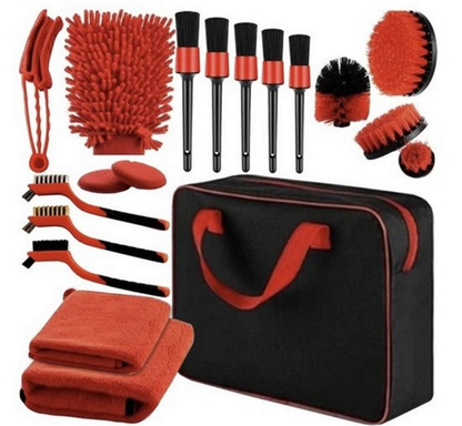 Set 18 Piese Detailing Auto idealSTORE, Elemente de Caroserie, Bord, Jante, Include 5 Pensule Detaliere, 3 Perii, Burete Aplicator, Manusa, Perie Tripla Grilaj, Laveta Moale Microfibra, Curatare Interior-Exterior, Husa pentru Depozitare