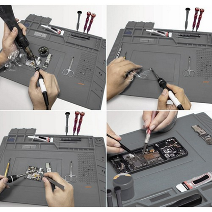 Covoras Multifunctional idealSTORE Anti-Static din Silicon, Dimensiuni 45 x 30 cm, Include 4 Buzunare Magnetice, Linii de Marcare si Masurare, Ideal pentru Reparatii Electronice, Service GSM, Rezistent la Temperaturi Ridicate