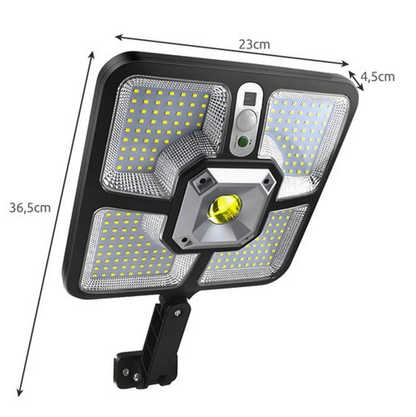 Lampa Solara cu Telecomanda idealSTORE, Dimensiuni 36, 5 x 23 x 4, 5 cm, Compusa din 4 segmente de 55 de diode SMD, Senzor de Miscare 5m, WATERPROOF, 4 Moduri de Operare, Material ABS + plastic, Unghi de iluminare 120, Putere 8W