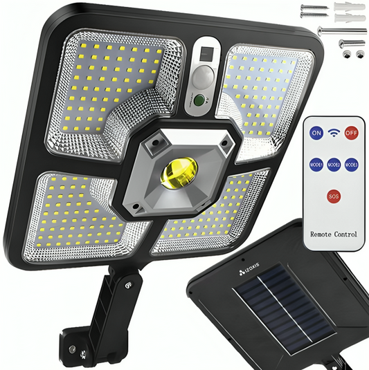 Lampa Solara cu Telecomanda idealSTORE, Dimensiuni 36, 5 x 23 x 4, 5 cm, Compusa din 4 segmente de 55 de diode SMD, Senzor de Miscare 5m, WATERPROOF, 4 Moduri de Operare, Material ABS + plastic, Unghi de iluminare 120, Putere 8W