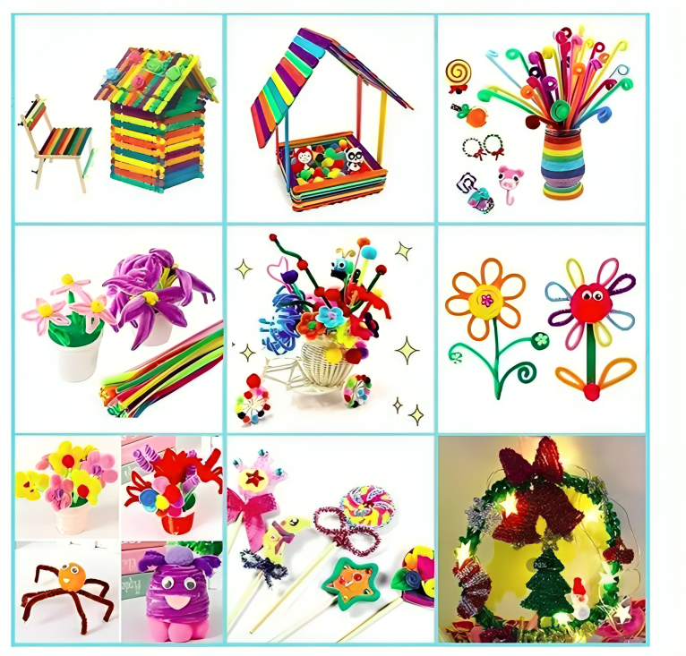Set de Creatie idealSTORE pentru Copii, Include Felicitari, Betisoare din Lemn, Lipici cu Sclipici, Diamante autoadezive, Foarfeca, Nasturi in diverse culori, Pene Colorate, Felicitari, Ochi in miscare, Cutie depozitare cu maner