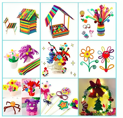 Set de Creatie idealSTORE pentru Copii, Include Felicitari, Betisoare din Lemn, Lipici cu Sclipici, Diamante autoadezive, Foarfeca, Nasturi in diverse culori, Pene Colorate, Felicitari, Ochi in miscare, Cutie depozitare cu maner