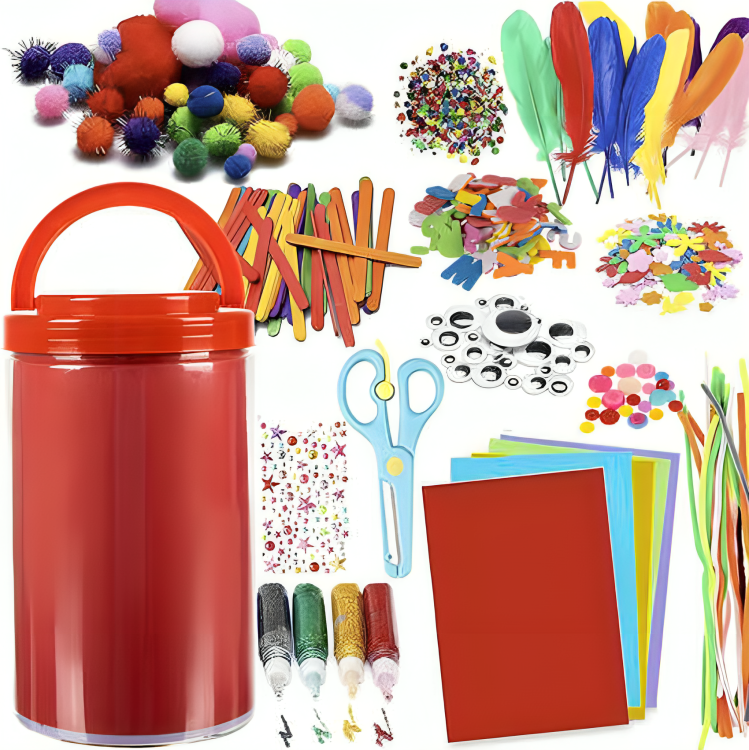 Set de Creatie idealSTORE pentru Copii, Include Felicitari, Betisoare din Lemn, Lipici cu Sclipici, Diamante autoadezive, Foarfeca, Nasturi in diverse culori, Pene Colorate, Felicitari, Ochi in miscare, Cutie depozitare cu maner