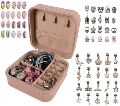 Set Creatie Bratari-Coliere Princess idealSTORE, Include 69 de Elemente, 3 Baze de Coliere, 3 Bratari, Pandative in Diferite Forme, Include o Cutie cu Fermoar pentru Depozitare, Dezvolta Abilitatile Artistice
