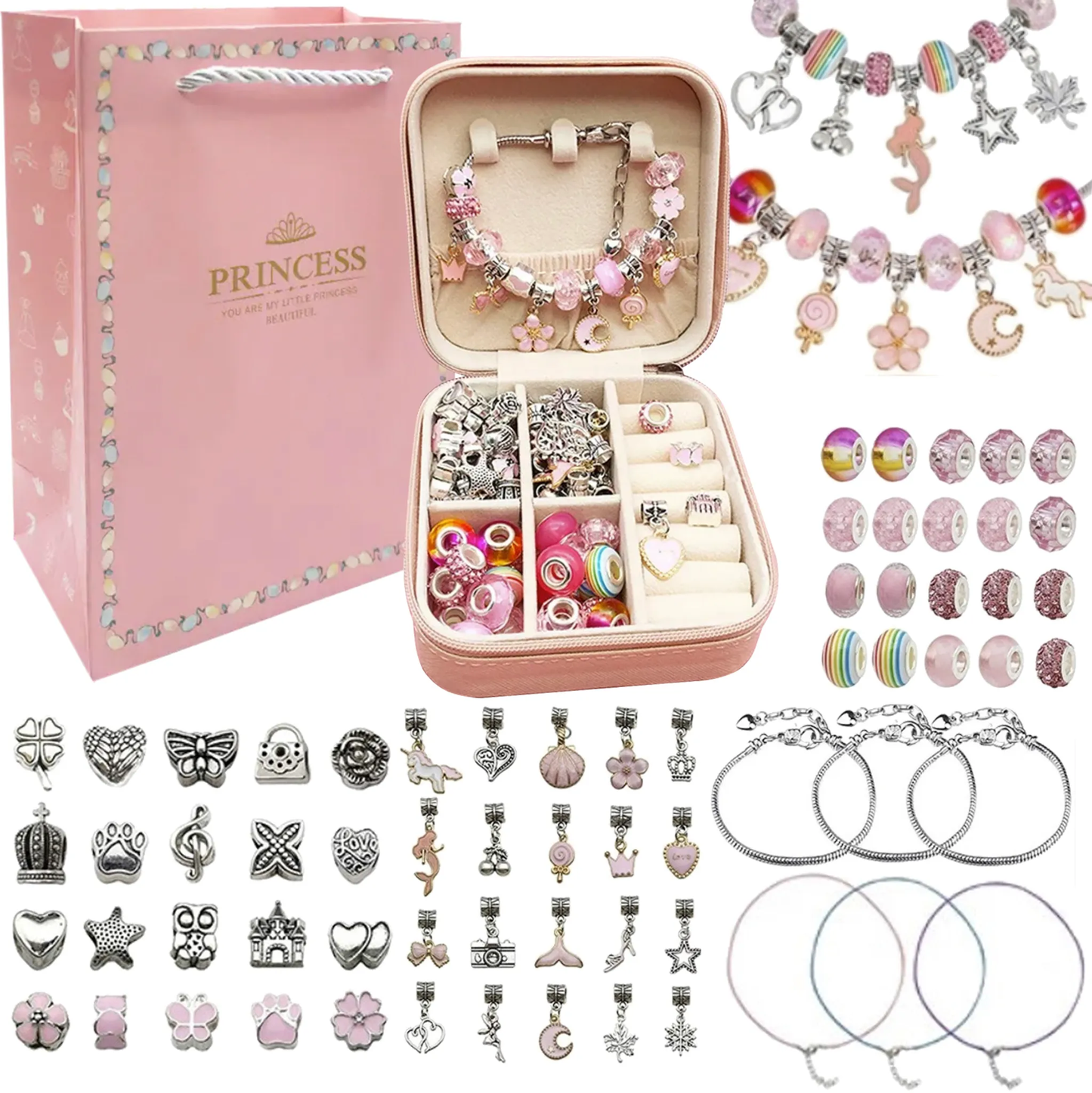 Set Creatie Bratari-Coliere Princess idealSTORE, Include 69 de Elemente, 3 Baze de Coliere, 3 Bratari, Pandative in Diferite Forme, Include o Cutie cu Fermoar pentru Depozitare, Dezvolta Abilitatile Artistice