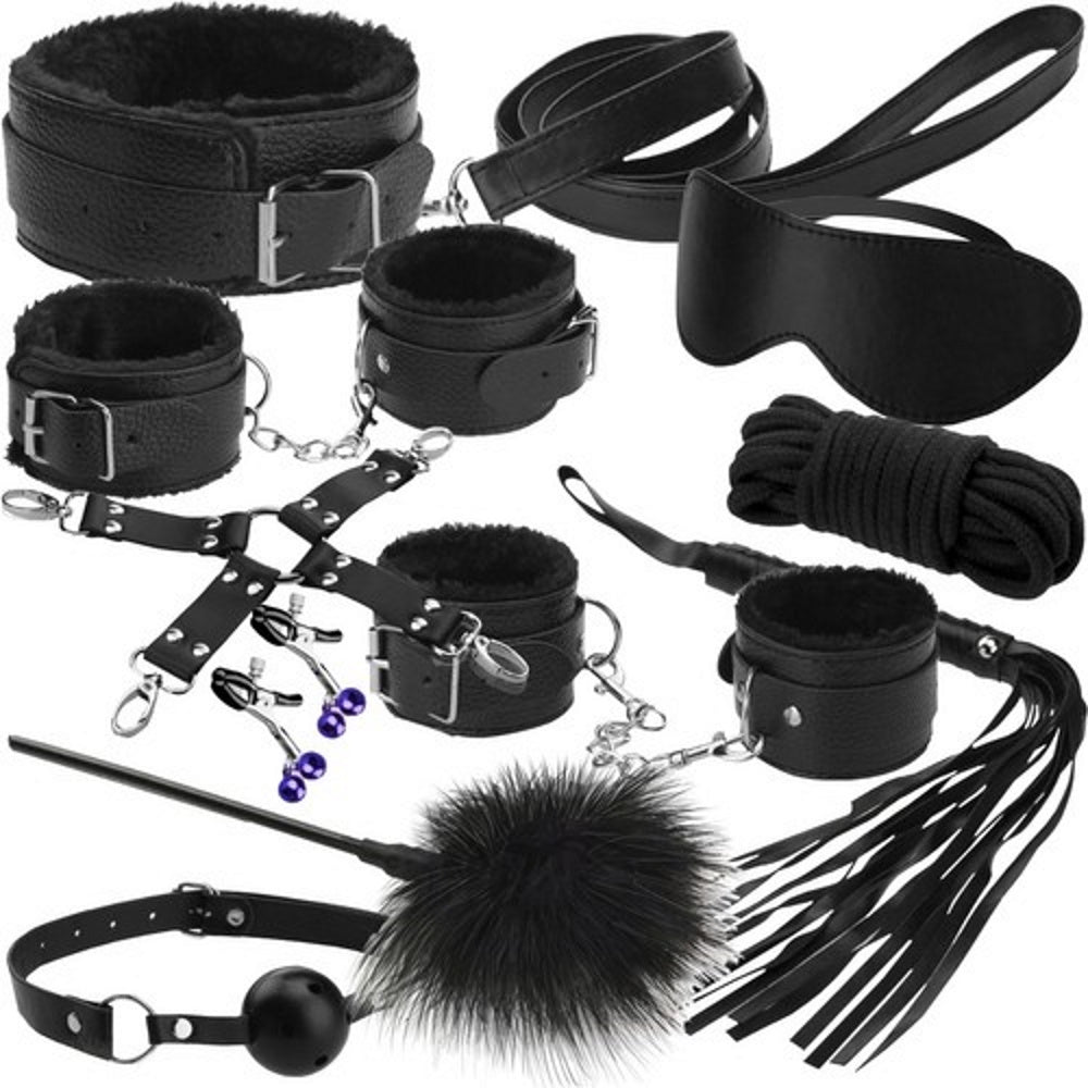 Set 12 Jucarii Erotice idealSTORE, Material Piele Ecologica, Include Catuse, Mansete pentru Picioare, Masca pentru Ochi, Pana, Guler cu Lesa, Calus, Cleme pentru mamelon, Dominare Bondage BDSM, Joc Cuplu, Sexy Toys, Pentru Activitati Fetis