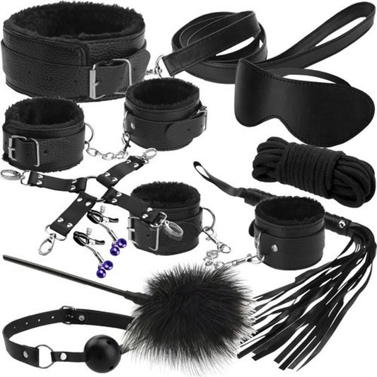 Set 12 Jucarii Erotice idealSTORE, Material Piele Ecologica, Include Catuse, Mansete pentru Picioare, Masca pentru Ochi, Pana, Guler cu Lesa, Calus, Cleme pentru mamelon, Dominare Bondage BDSM, Joc Cuplu, Sexy Toys, Pentru Activitati Fetis