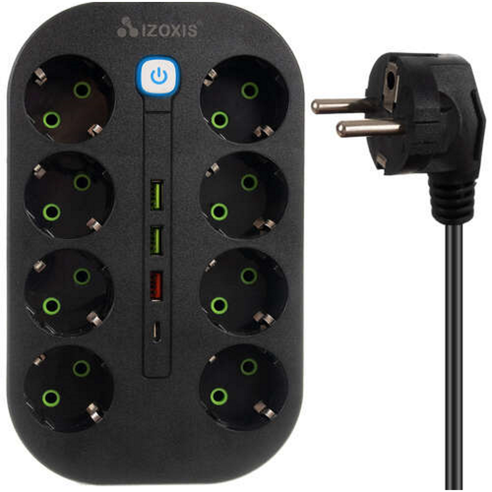 Prelungitor idealSTORE cu 8 Prize, 3 Porturi USB si un Port USB-C, Sarcina maxima 10 A, Lungime Cablu 2m, Comutator Pornit-Oprit, Protectie IP20, Protectie copii, Incarcare rapida