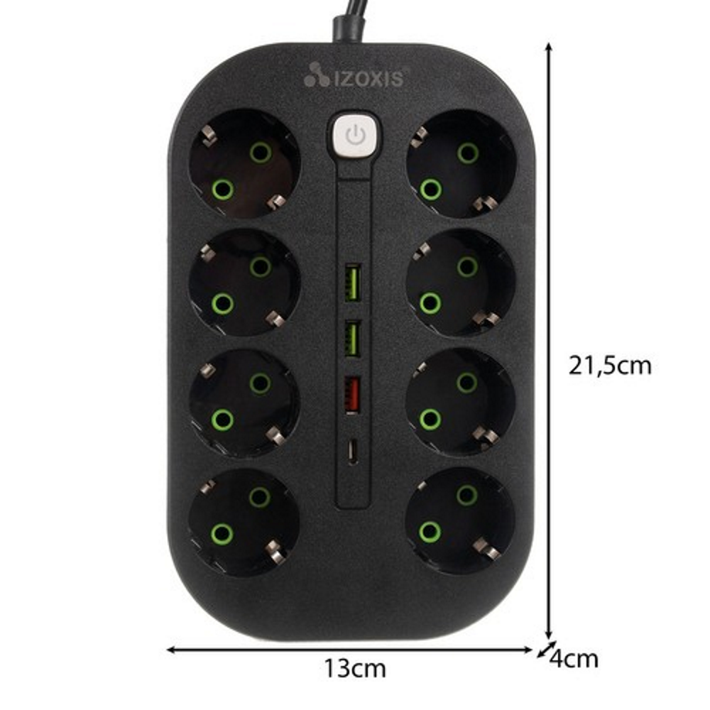 Prelungitor idealSTORE cu 8 Prize, 3 Porturi USB si un Port USB-C, Sarcina maxima 10 A, Lungime Cablu 2m, Comutator Pornit-Oprit, Protectie IP20, Protectie copii, Incarcare rapida
