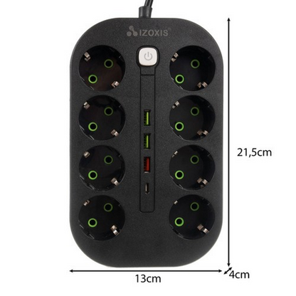 Prelungitor idealSTORE cu 8 Prize, 3 Porturi USB si un Port USB-C, Sarcina maxima 10 A, Lungime Cablu 2m, Comutator Pornit-Oprit, Protectie IP20, Protectie copii, Incarcare rapida