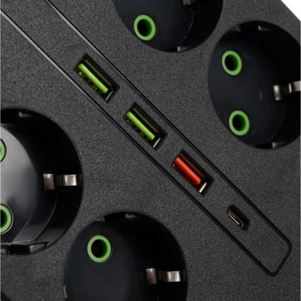 Prelungitor idealSTORE cu 8 Prize, 3 Porturi USB si un Port USB-C, Sarcina maxima 10 A, Lungime Cablu 2m, Comutator Pornit-Oprit, Protectie IP20, Protectie copii, Incarcare rapida