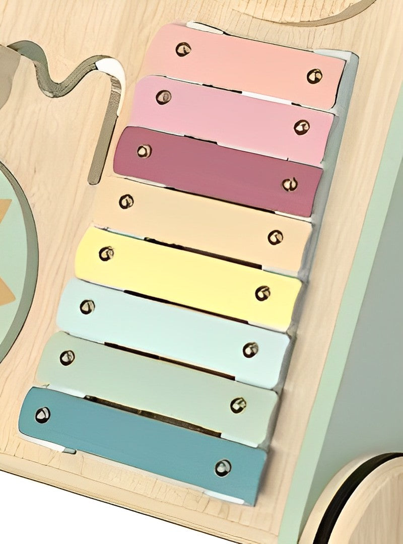 Premergator Song Walker IdealStore, Pentru Copii din Lemn Natural, 3 in 1, Roti anti-alunecare, Nontoxic, Dimeniunea 38x31x45.5 cm, Contine puzzle mobil, Xilofon, Dezvolta abilitati practice, Imaginatia, Culoare verde menta