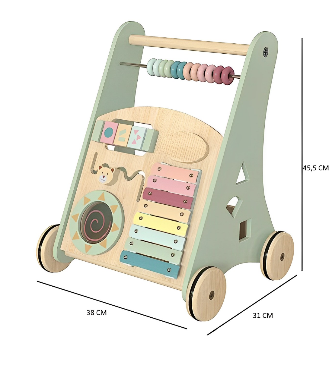 Premergator Song Walker IdealStore, Pentru Copii din Lemn Natural, 3 in 1, Roti anti-alunecare, Nontoxic, Dimeniunea 38x31x45.5 cm, Contine puzzle mobil, Xilofon, Dezvolta abilitati practice, Imaginatia, Culoare verde menta