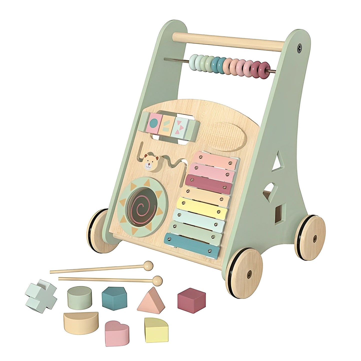 Premergator Song Walker IdealStore, Pentru Copii din Lemn Natural, 3 in 1, Roti anti-alunecare, Nontoxic, Dimeniunea 38x31x45.5 cm, Contine puzzle mobil, Xilofon, Dezvolta abilitati practice, Imaginatia, Culoare verde menta